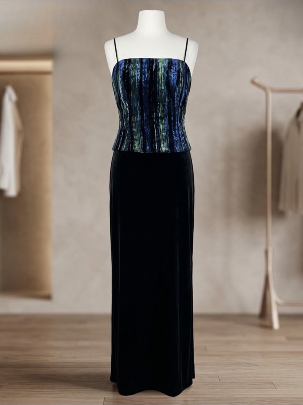 Betsy & Adam,  Blue, Green, black, Velvet Maxi Dress